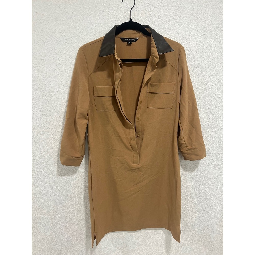 Sharagano Camel Tan Faux Leather Collar Shift Dress 3/4 Sleeve Size 6